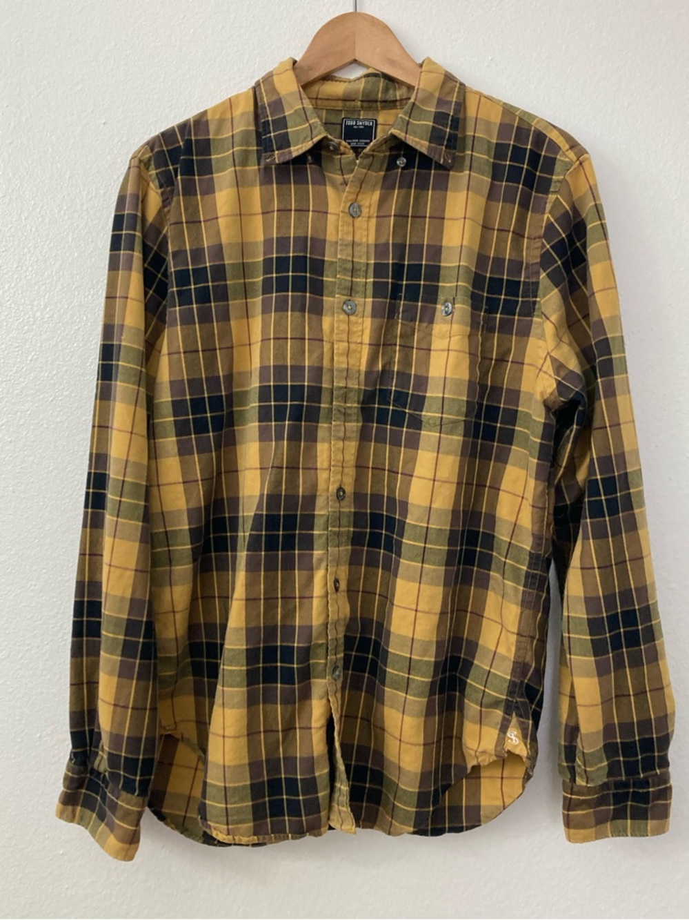Todd Snyder Men's Yellow and Black Plaid Button-Down Shirt Large